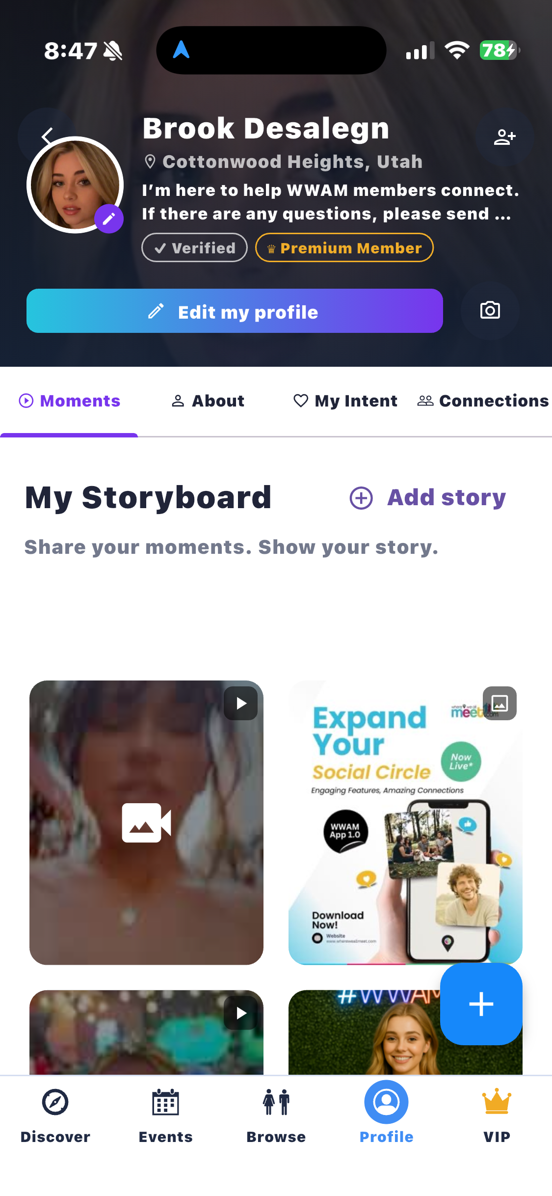 Where We All Meet profile interface with Moments, My Storyboard, and connections